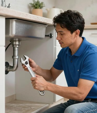 A professional plumber in a medium blue polo shirt using a wrench to repair a sink pipe in a contemporary kitchen. The scene is bright and organized, set in a Middle Eastern / Turkish home, reflecting the brand's commitment to efficiency and professional expertise.