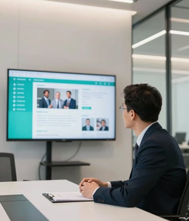 A professional in a modern North American / US office setting looking at a large screen displaying social media analytics, bright teal accents in the decor, soft off-white lighting, sleek glass-walled conference room.