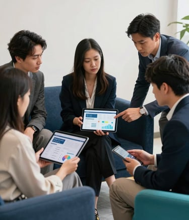 A group of professionals in a North American / US tech hub collaborating over a tablet showing digital marketing data, dark slate blue furniture, bright teal accessories, innovative and focused atmosphere, soft off-white lighting.