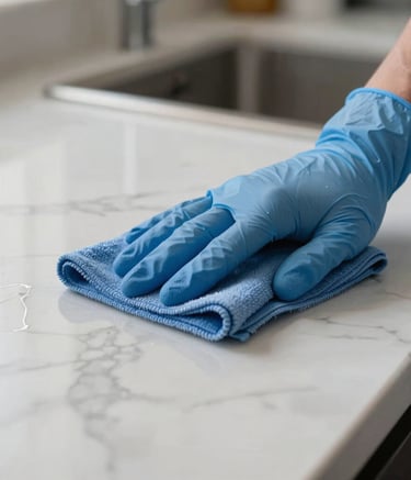 A close-up photograph of a professional's hand in a blue glove using a microfiber cloth to wipe a polished marble countertop in a modern North American kitchen. The lighting is crisp and highlights the streak-free, hygienic surface. Palette features teal blue and off-white.