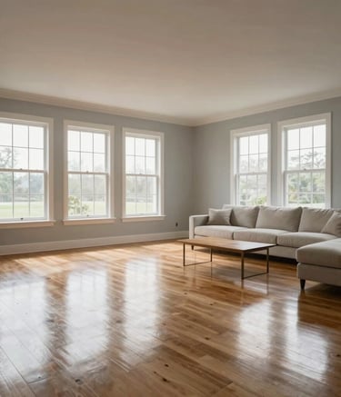 Wide-angle architectural photography of a spotless, high-end North American living room with large windows and minimalist furniture. The room is filled with soft, natural light, reflecting off perfectly cleaned hardwood floors. The mood is calm and efficient, featuring light gray and off-white tones.