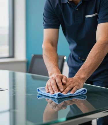 Photography of a professional cleaner in a North American corporate setting using a microfiber cloth to wipe down a modern glass conference table. The scene is bright and airy with deep navy and teal blue accents in the background decor.