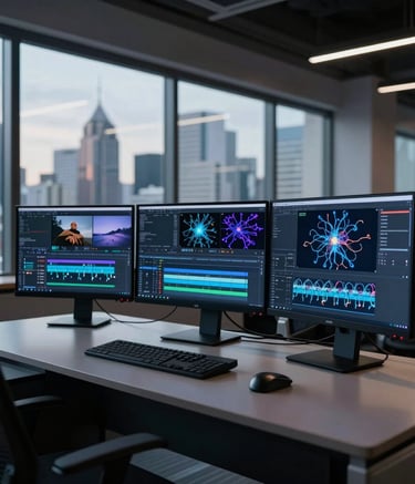 A high-end digital workstation in a modern Istanbul office with a view of the skyline. The desk features multiple sleek monitors showing complex video editing timelines and neural network visualizations. The lighting is cinematic with deep navy and steel blue accents, creating a professional and futuristic atmosphere.