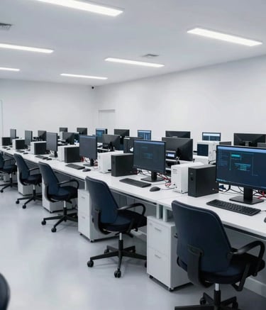 A wide-angle interior shot of a contemporary AI research lab in Istanbul. The space is filled with high-performance computers and soft, professional overhead lighting. The color scheme is dominated by white, slate, and navy tones.
