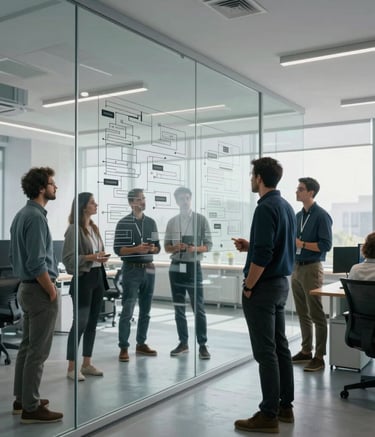 A group of professional Turkish developers and designers collaborating in a light-filled, modern tech hub. They are looking at a large glass wall covered in workflow diagrams. The room is decorated in light grey and white, with natural light pouring in from large windows.