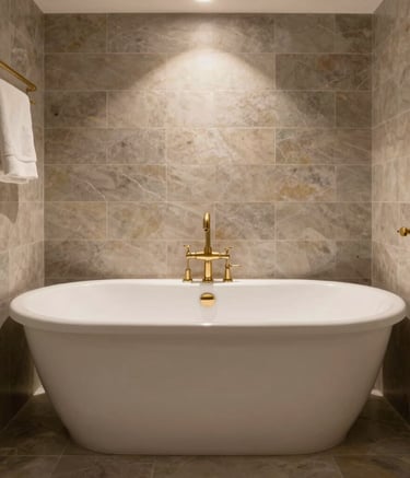A wide-angle professional photograph of a luxury bathroom in a Northern European home. Features include a freestanding porcelain bathtub, sleek slate-colored tiles, and high-end brass fixtures. The lighting is warm and inviting, emphasizing cleanliness and sophisticated design.
