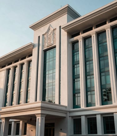 Elegant architectural photography of a modern Indonesian institutional building featuring subtle traditional motifs, shot during the golden hour with soft sunlight, reflecting professionalism and heritage, in tones of deep teal and off-white.