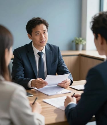 Over-the-shoulder shot of a lawyer explaining documents to a client in a sunlit meeting room. Modern wooden furniture, high-end interior. European Portuguese setting. Professional and empathetic atmosphere, soft medium blue tones.