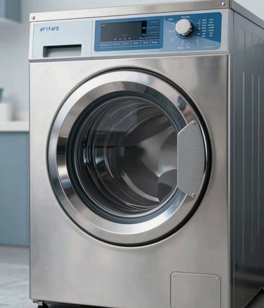 A sleek, stainless steel commercial washing machine in a high-end Mumbai laundry facility. The image is sophisticated and clean, with soft reflections and a professional atmosphere using brand colors #F1F4F8 and #8AA4BC.