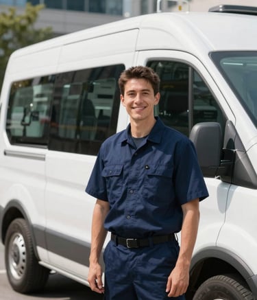 A professional technician in a navy blue uniform stands beside a clean, modern white mobile service van in a North American business district. The technician is smiling confidently. Bright, natural daylight creates a trustworthy and reliable atmosphere.