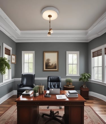 A painter in navy uniform carefully rolling fresh white paint on a modern living room wall