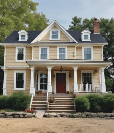 Professional painter in neat uniform applying a fresh coat of white paint to a home's exterior siding.