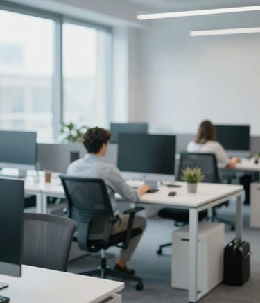 A clean, modern office interior with soft natural light. A professional workspace in Poland featuring sleek technology and a collaborative atmosphere. The scene uses a palette of #F2F5F8 and #C0D6DB, portraying an innovative ed-tech environment.