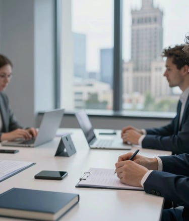 A close-up shot of a social campaign strategy session. Minimalist desk with high-tech equipment and a window overlooking Warsaw's modern architecture. Bright, professional lighting reflecting the #3C6E71 and #F2F5F8 color scheme.
