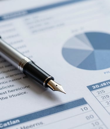 A close-up, sharp professional shot of a high-quality fountain pen resting on top of organized financial statements and balance sheets. The lighting is clean and focused, using a palette that incorporates #2C528B and #F0F4F8 to emphasize precision and trust.