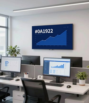 A wide shot of a modern, minimalist accounting office interior. The scene features clean desks, digital monitors showing financial graphs, and professional decor. The color scheme is dominated by #0A192F and #89B3D7, projecting an image of unwavering professionalism.