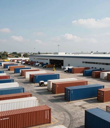 A wide-angle photography of a bustling South American logistics hub with cargo containers and a modern warehouse. The scene reflects a professional atmosphere with a clear sky, showing efficiency and global reach.