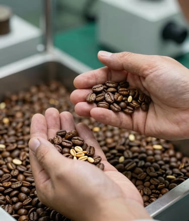 A close-up shot of hands inspecting high-quality Colombian coffee beans and raw seeds in a modern industrial quality-control lab. The lighting is bright and professional, with hints of forest green and bronze in the background.