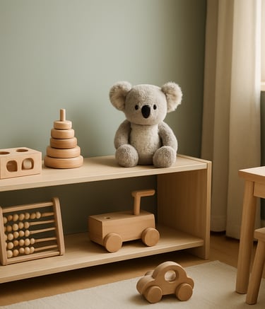 A clean, bright Australian home-based playroom with wooden educational toys and a small, tasteful koala plush toy on a low shelf. The room is decorated in muted green and cream tones with natural sunlight streaming through a window. No people are visible.