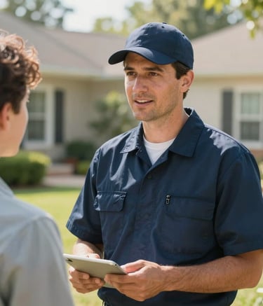 A close-up of a professional technician in a clean dark navy blue uniform speaking politely to a homeowner in a bright Southeastern US backyard. The scene is lit by natural afternoon sun, conveying a sense of reliability and customer-first service.
