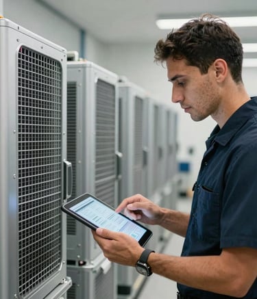 A professional technician in a clean, modern uniform holding a tablet with a data-rich interface, inspecting a row of silver cooling units in a Miami commercial building. High-end, sophisticated lighting.