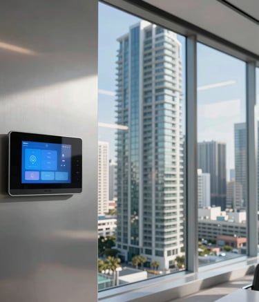 A view through a large glass window of a sleek Miami high-rise office overlooking the city skyline. Inside, a smart climate control interface on a silver wall reflects the bright daylight. Modern, high-tech corporate atmosphere.