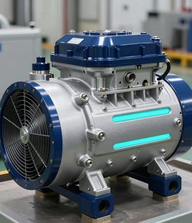A close-up, high-detail photograph of a futuristic HVAC compressor unit with silver and deep blue finishes. Sharp focus on technical components, clean lines, and soft light cyan accent lighting, set in a North American / US / Miami industrial facility.