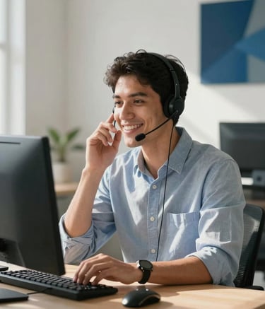 A professional in a South American call center smiling while talking into a headset, looking at a computer screen. Bright and airy workspace with navy blue and slate blue decorative elements, sunlight streaming in.