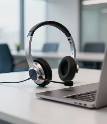 A close-up photograph of a professional silver headset and a sleek laptop on a minimalist white desk in a South American corporate office. The background is softly blurred showing a modern business setting with slate blue and light grey accents. Natural daylight through window.