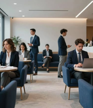 Wide shot of a clean and modern South American business lounge. Professionals in smart attire are seen in a soft-focus background, conveying a sense of teamwork and professionalism. The decor features navy blue and light grey tones with contemporary architecture.