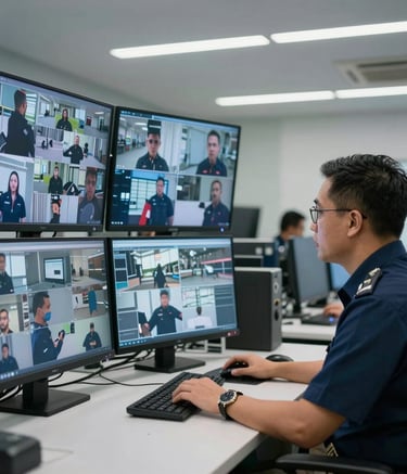 Pemandangan sudut lebar dari ruang kendali keamanan modern di Indonesia, menampilkan layar monitor yang menampilkan rekaman CCTV jernih, atmosfer profesional dengan nuansa warna biru navy dan perak.