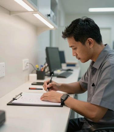 Fotografi profesional seorang teknisi Asia Tenggara berseragam abu-abu sedang melakukan instalasi perangkat pembaca sidik jari pada dinding modern di koridor kantor yang bersih dengan pencahayaan lembut.
