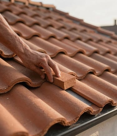 Close-up detail of high-quality terracotta roof tiles being professionally installed on a Western European home, soft afternoon sunlight, focus on the texture of the materials and precision of the placement.