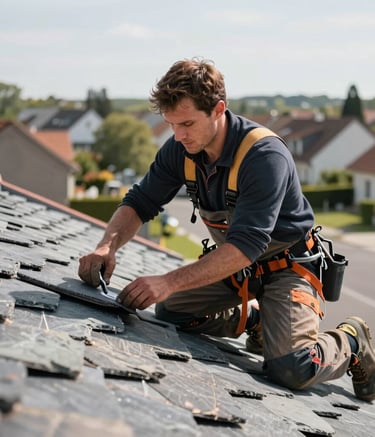 Professional roofer in Western European work attire working on a roof, focused on securing a slate tile, bright daylight, background showing a quiet residential neighborhood.