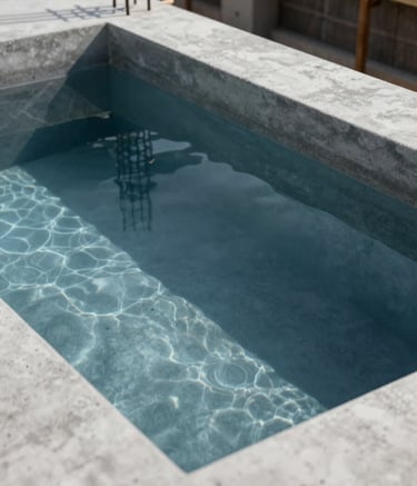 A high-end, professional photograph of a luxury concrete pool under construction, showing precision engineering and steel reinforcement, incorporating a color palette of deep navy #0D1B2A and slate blue #415A77, modern and innovative mood.
