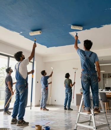 A group of professional painters in a South Asian / Indian modern home interior, painting a high ceiling with deep blue and mist white colors. The room is spacious, well-lit, and the team is using professional rollers and ladders, conveying expertise.
