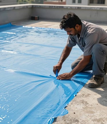 A skilled professional in a South Asian / Indian urban setting applying a sky blue liquid waterproofing membrane to a flat concrete terrace. The worker is wearing a modern uniform, and the scene is bright with natural sunlight, emphasizing a clean and precise application process.