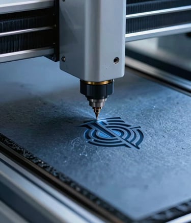 Close-up photography of a high-end laser engraving machine precisely etching a complex logo onto a dark slate blue powder-coated metal surface. The lighting is crisp and cool, catching soft sky blue highlights on the metallic edges. Set in a professional North American / US production studio.