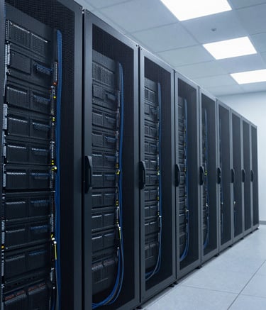 A wide-angle professional photograph of a state-of-the-art IT server room in a South Asian corporate hub. The room features clean lines, organized slate blue cabling, and cool white lighting, representing cutting-edge infrastructure and security.