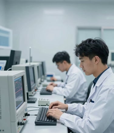 Interior of a modern electrical calibration laboratory. Technicians in professional uniforms are working with high-precision equipment like multimeters and oscilloscopes. The environment is sterile and organized, using a color palette of #F7F8F9 and #0D2B44. High-tech lighting creates a trustworthy and authoritative mood.