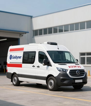 A professional wide shot of the Goldynner mobile laboratory unit, a modern white van with professional red and blue branding, parked in front of a clean industrial facility. The lighting is bright and crisp, highlighting a technologically advanced and reliable service atmosphere. Brand colors #0D2B44 and #A33F39 are visible on the vehicle graphics.