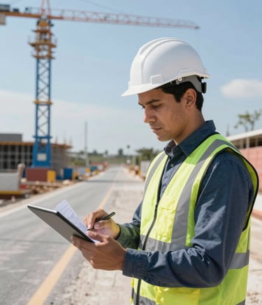 A professional engineer in a white hard hat reviewing digital blueprints on a tablet at a modern road construction site. Modern Latin American / Spanish environment. Bright daylight with a clear light blue sky and steel blue equipment in the background.