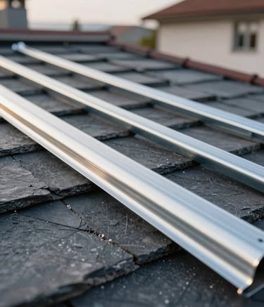 Close-up of high-quality roofing materials including slate and modern zinc flashings. The image conveys professional craftsmanship and precision. Soft morning light, Western European architectural context, clean aesthetic.