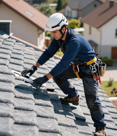 A professional roofer in safety gear inspecting a tile roof in a Western European residential area. Bright natural daylight, clean composition, showing expertise and reliability. Palette uses deep blue and slate gray tones.
