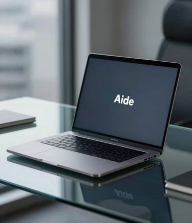 A modern, sophisticated office setting featuring a high-end laptop on a glass desk. The lighting is crisp, with soft blue and dark slate grey tones reflecting the brand. Professional and clean composition.