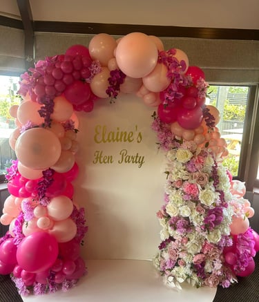 Elegant pink balloon arch and floral display for Elaine's Hen Party decorations.