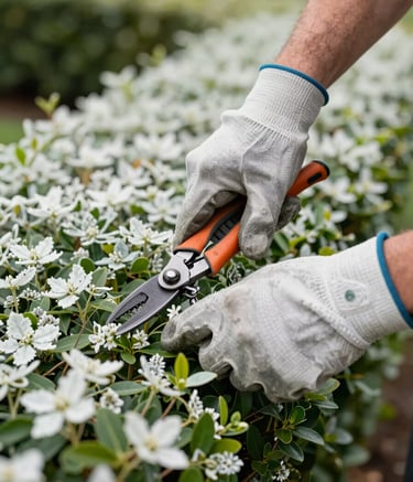 A close-up photograph of a professional landscaper's hands in durable work gloves using precision trimming tools on a hedge in a North American residential yard. The lighting is bright and clear, emphasizing a clean-cut finish and meticulous care. Soft mist white and deep forest green foliage colors are present.
