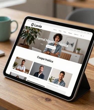 A high-quality close-up photograph of a sleek tablet displaying a professional catalog website on a wooden desk. The setting is a bright, modern Latin American home office with soft natural lighting and a hint of a teal coffee mug in the background.