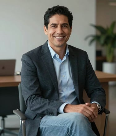 A professional portrait of a Latin American entrepreneur sitting in a sophisticated, minimalist office. They are looking at the camera with a confident and optimistic smile, wearing modern business-casual attire, with charcoal and light blue tones in the decor.