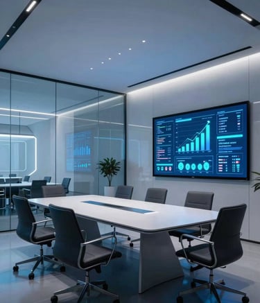 A wide-angle professional photograph of a futuristic boardroom in a Brazilian tech hub. The room features glass walls, soft neon blue ambient lighting, and minimalist ergonomic furniture. Large digital screens display glowing growth data and social media metrics in a clean, high-tech style.